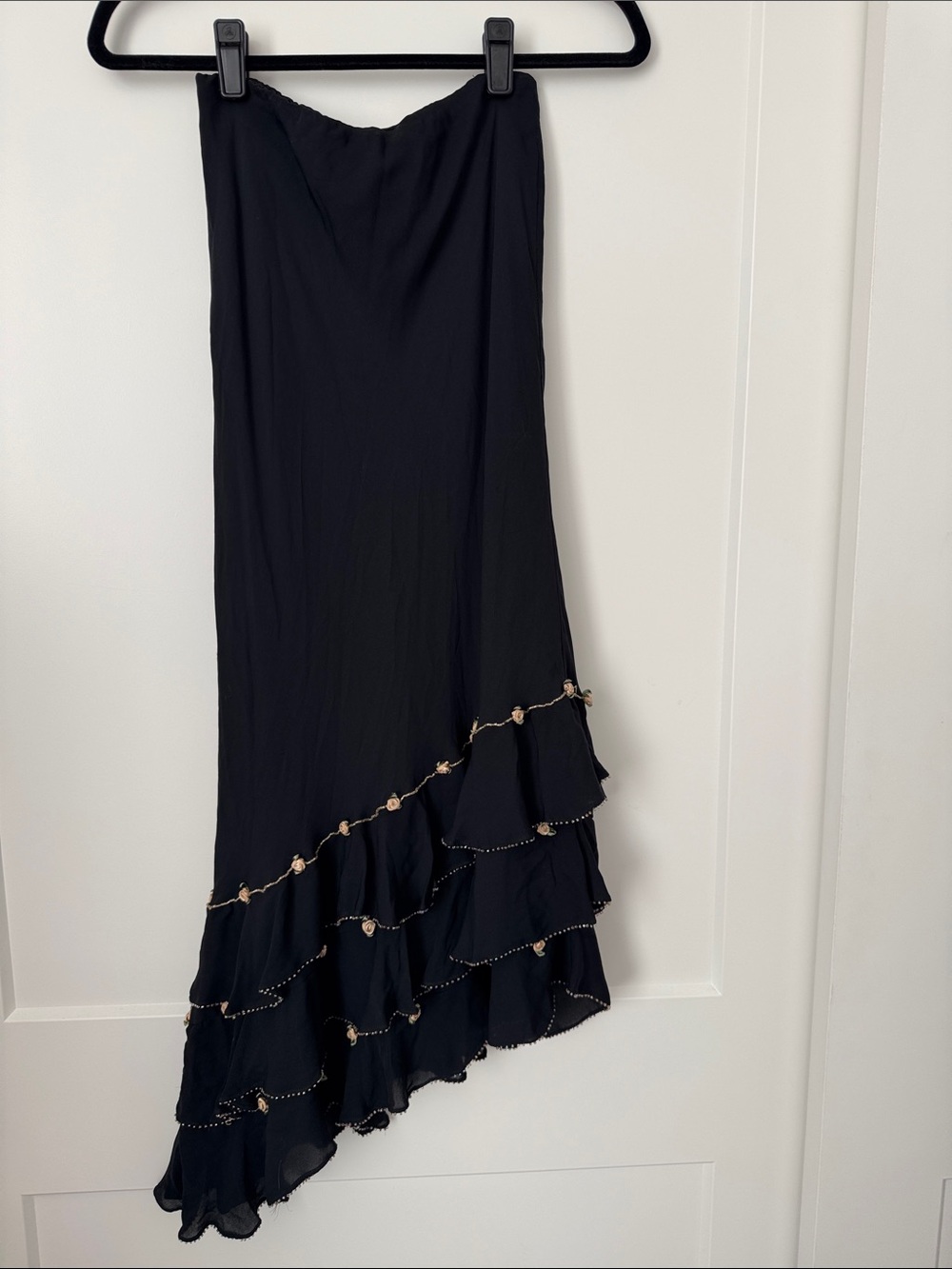 Black Silk Ruffle Midi Skirt with Rosettes and Beaded Trim